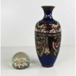 A Cloisonne vase, decorated with peacocks and dragons, 26cm high, A/F, together with a millefiori