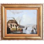 19th Century School: A frozen river with houses, oil on board, unsigned, 28 x 35 cm