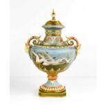 A fine Royal Worcester pedestal vase and cover, painted with swans in flight, by Baldwyn, to a
