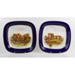 A pair of Royal Worcester square dishes, painted with scenes of Ludlow Castle and Chepstow Castle,