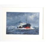Jack Rigg (b.1927): oil on board, depicting fishing trawler in rough seas, 28cm by 19cm.