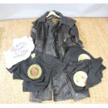 A JTS biker clothing black leather jacket, size S together with a group of motorbike related T-