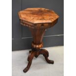 A Victorian mahogany sewing table, with octagonal top lifting to reveal a papered fitted interior (