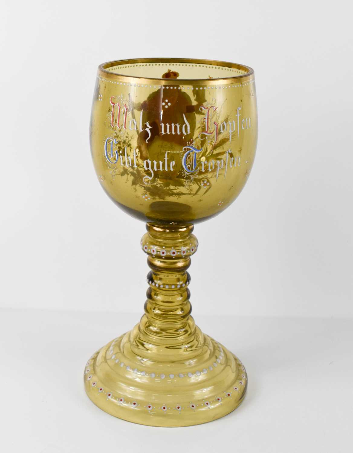 A late 19th century German glass of large proportions, hand painted with inscription 'Hopfen u - Image 3 of 6