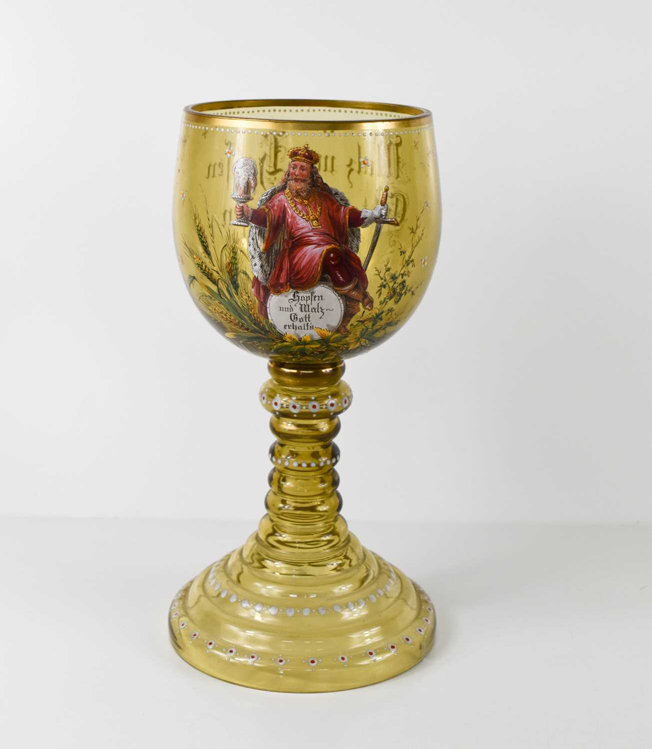 A late 19th century German glass of large proportions, hand painted with inscription 'Hopfen u