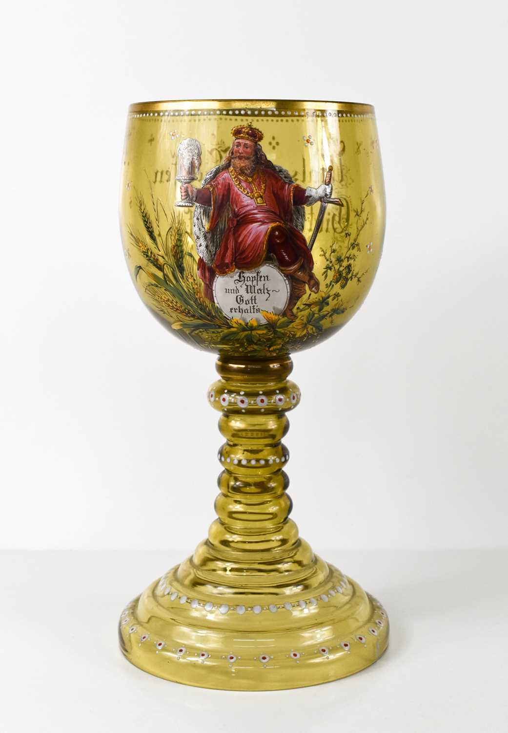 A late 19th century German glass of large proportions, hand painted with inscription 'Hopfen u - Image 2 of 6