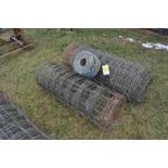 2 rolls used woven wire fence, 1 roll new barbed wire fence