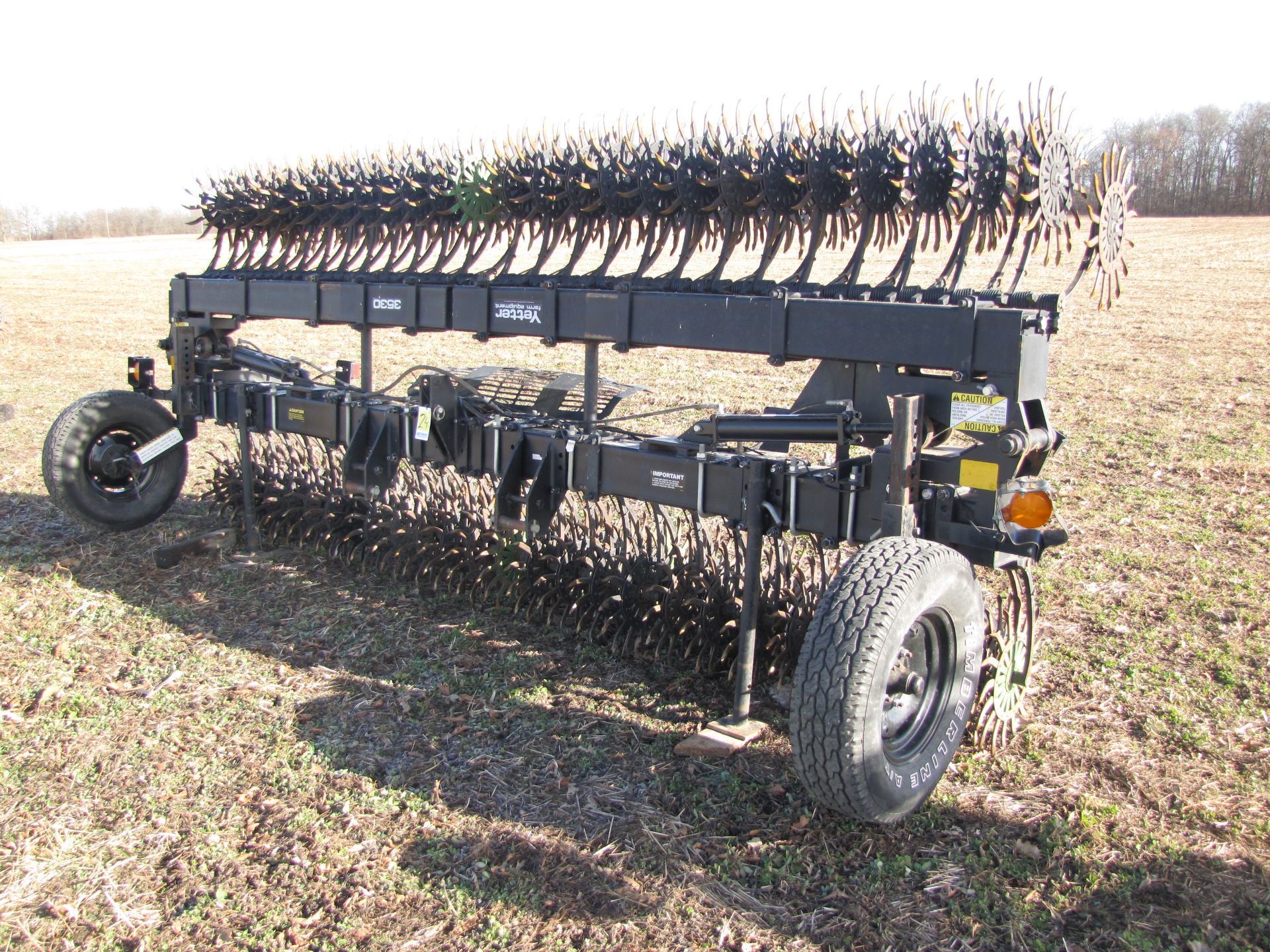 30’ Yetter 3530 flat-fold rotary hoe, 3 pt, depth gauge wheel