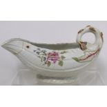 18th century English porcelain cos lettuce leaf moulded sauce boat with naturalistic branch scroll