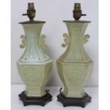 Pair of early 20th century Chinese celadon glazed table lamp bases of twin handled hexagonal