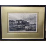 Victorian monochrome engraving of a canal lock after an original by B. W. Leader, 37cm x 55cm and