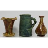 Three pieces of studio pottery, comprising: Ewenny posy vase of flared form, with brown and yellow