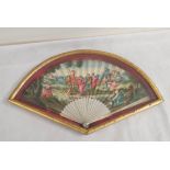 Antique fan painted with a depiction of classical female water carriers. Enclosed in a giltwood