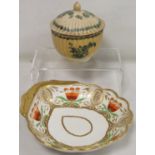 18th century English porcelain sucrier of reeded circular form decorated with green floral sprays,