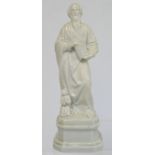 Continental white glazed porcelain figure of St. Mathaus standing on square plinth base holding a