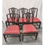 Set of five 19th century mahogany dining chairs, each with a pierced splat back on tapered