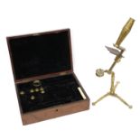 18th century part Simple and Compound monocular microscope, 36cm high, with associated mahogany
