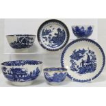 Six pieces of late 18th/early 19th century blue and white transfer printed porcelain, including: