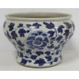 Antique Chinese porcelain censer of squat baluster form with blue and white painted decoration of