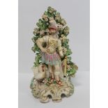 18th century Derby porcelain figure of Mars standing on scroll plinth base with shield, cockerel and