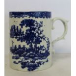 Late 18th century blue and white transfer printed porcelain mug of large cylindrical form with