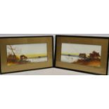 G. MILLER (LATE 19TH/EARLY 20TH CENTURY BRITISH SCHOOL). Sunset lake scenes - a pair. Watercolour.