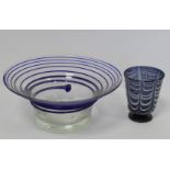 Art glass bowl of flared circular form with blue trailed decoration, polished base, 20cm diam. and a