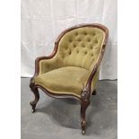 Victorian mahogany tub armchair with a shaped frame, upholstered in later button back fabric, on