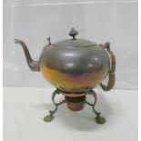 Copper spirit kettle on stand, 39cm high, also  another. (2).