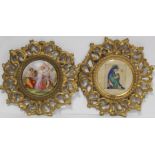 Small Continental circular porcelain plaque depicting classical figures with Cupid, transfer