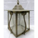 Arts & Crafts brass hall lantern of tapered rectangular form, with domed square top, four foliate