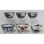 Three 18th century English porcelain hand painted blue and white tea bowls, probably Lowestoft,