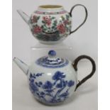 18th century Chinese porcelain blue and white globular teapot with pine tree, rock and peony