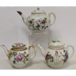 Three 18th century English porcelain teapots of globular form, the first decorated in the Oriental