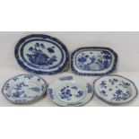 Five pieces of 18th century Chinese blue and white porcelain, comprising: lobed oval ashet decorated