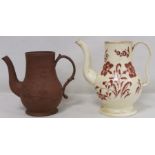18th century Redware coffee pot of baluster form with moulded floral sprays, birds and mask heads,