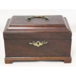 Georgian mahogany tea caddy of rectangular form on four bracket feet with single brass swing