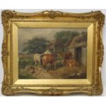 S. J. Clark (Late19th/Early 20th Century British School). Horses, cattle and chickens in a farmyard.