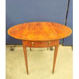 Victorian drop leaf mahogany Pembroke table with satinwood banding with single pull drawer. Raised