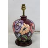 Modern Moorcroft Pottery "Pansy" pattern table lamp with plum ground, 27cm high. Electrical