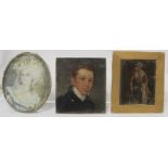 19th century miniature portrait of a gentleman, possibly an overpainted photograph, oil on card