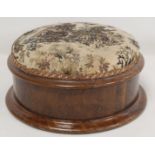 Victorian burr walnut circular foot stool with upholstered top, 28cm diam.