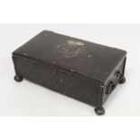 Antique iron box of small rectangular form with worn damascened decoration of royal cypher with