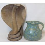 1920's/30's Art Pottery jug with moulded decoration of a galleon and blue and brown mottled