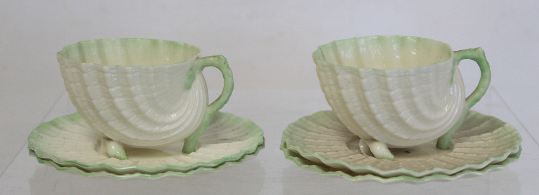 Belleek porcelain "Neptune" pattern part cabaret set of shell form with green borders, comprising: - Image 8 of 14