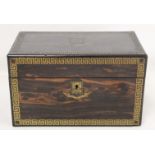 Good Victorian coromandel wood tea caddy of rectangular form with inlaid brass panel inscribed "J. &