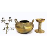 Arts & Crafts brass pot of circular twin handled form with hammered ground and repousse scallop