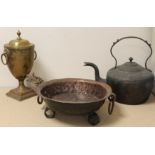 Circular copper brazier; copper kettle and brass samovar.