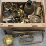Box of brassware including trumpet, jugs, warming dishes, etc.