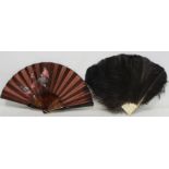 Victorian or Edwardian ladies fan, the brown satin leaf with hand painted decoration depicting birds